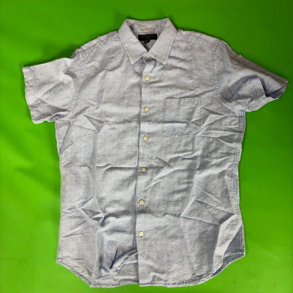 Banana Republic Linen/Cotton Button Up Shirt Mens M Blue Slim Fit Short Sleeve